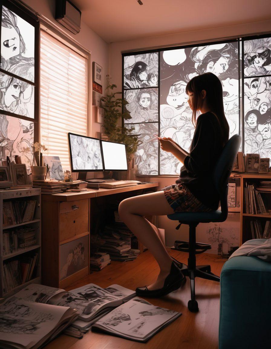 An artistic depiction of the evolution of adult hentai content in anime, showcasing a manga artist at work in a cozy studio, surrounded by iconic characters and vibrant panels of manga. The background transitions from black and white sketches to colorful animated scenes on a screen. Aim for a dreamy atmosphere that blends fantasy with reality, highlighting the journey from page to screen. expressive style. vibrant colors. 3D.